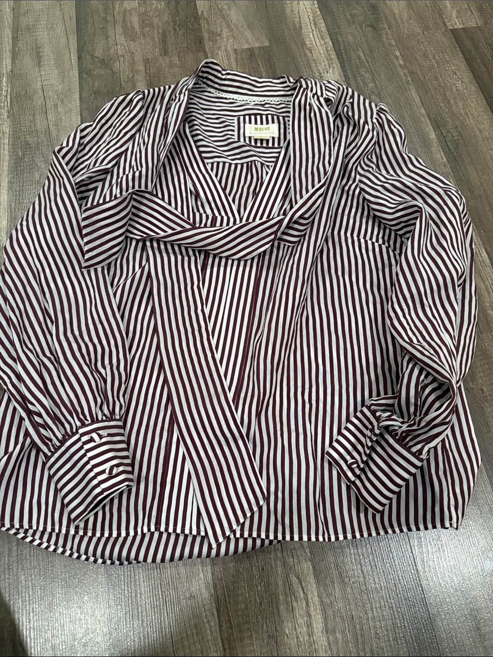 Anthropologie Maeve Maroon and White Striped V-Neck Blouse - Picture 5 of 7